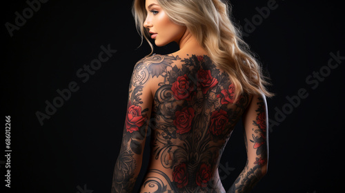 Back View of a Woman Flaunting Her Tattoo.  Young Lady Displaying Her Intricate Tattoo © EwaStudio