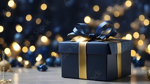 Dark Blue gifts Box with golden bows and ribbons placed on beautiful and luxury gift, gold lights, blurry background.