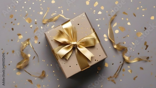 Christmas and New Year gold gift box with on the light background.