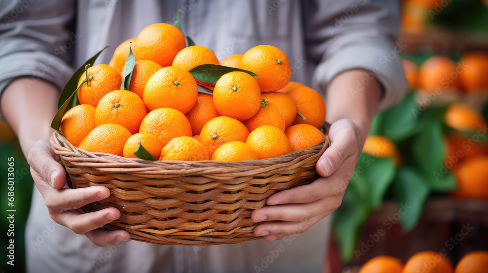 hands on orange basket in the market