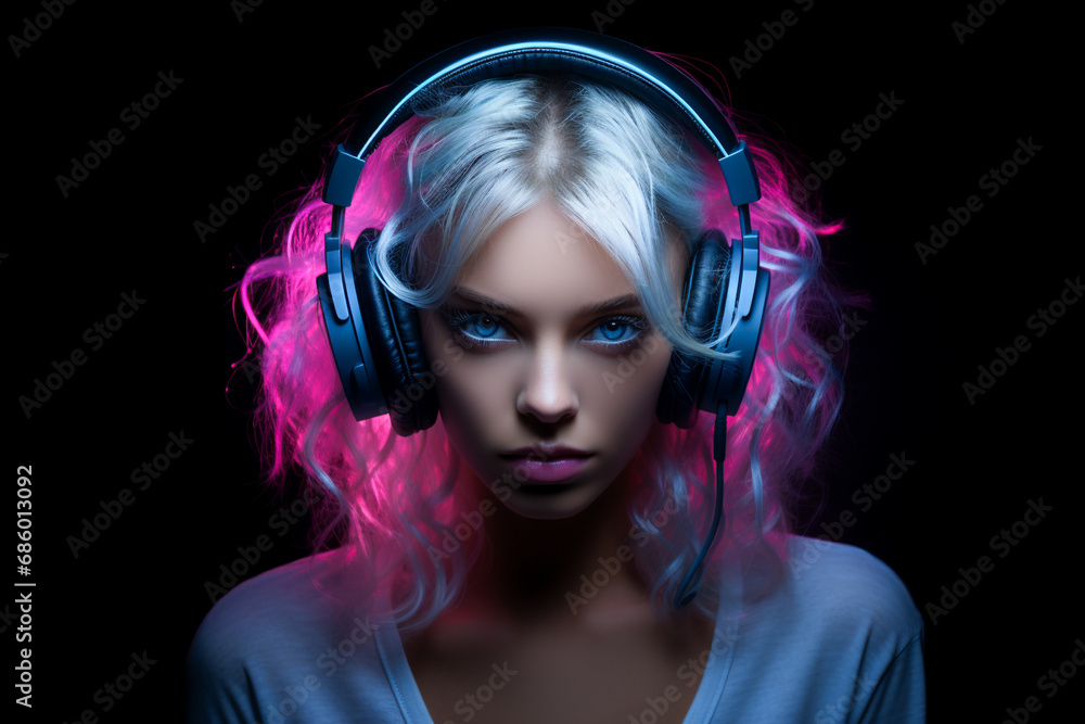 portrait of a  girl in headphones on a black background