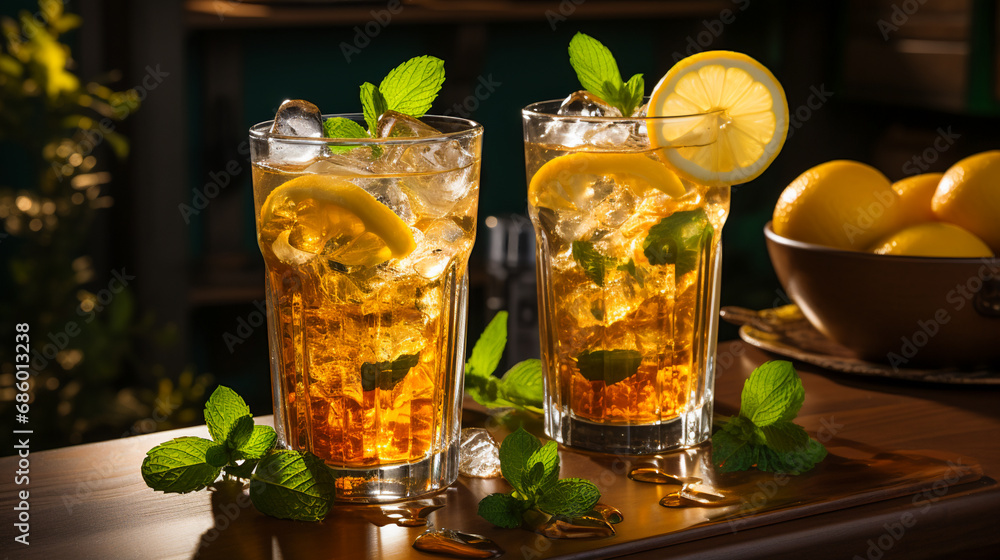 iced tea with lemon and ice in tall glasses iced tea with lemon and ice in tall glasses