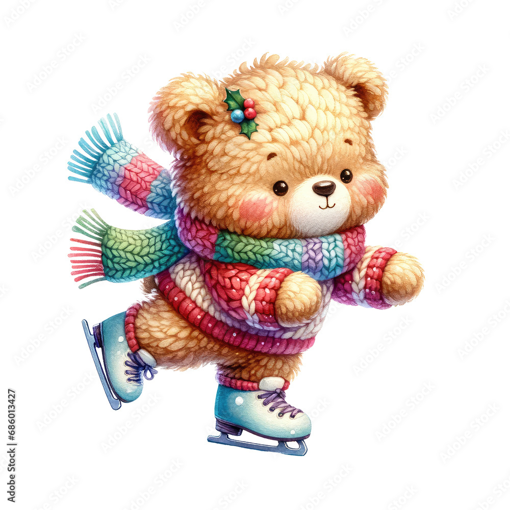 bear with winter costume is playing ice skate winter cute bear for Christmas and season greetings.
