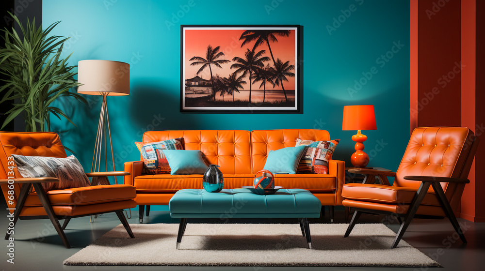 Fototapeta premium Modern living room interior in hot orange und teal green color