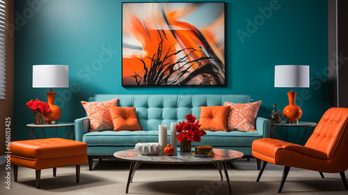 Modern living room interior  in hot  orange und teal green color photo