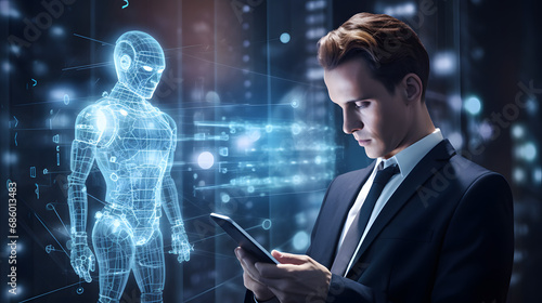 Digital chatbot, chat GPT, robot application, conversation assistant, AI Artificial Intelligence concept. Man using mobile smart phone, with digital chatbot on virtual screen. generative ai. photo