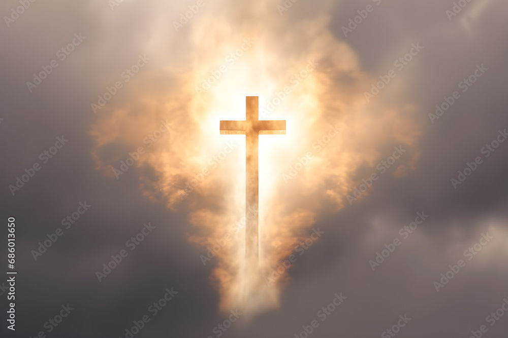 Christian cross in the sky background. Christian concept. Hope and freedom of God Jesus. Generative AI