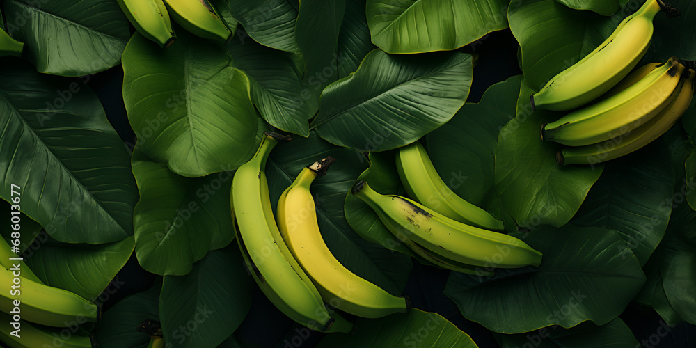 Beautiful Green bananas,A bunch of bananas are on a leaf,Green leafs and banana background
 - obrazy, fototapety, plakaty 