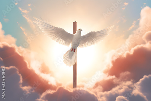 White dove bird fly over wooden cross in morning sunlight. Generative AI © sticker2you