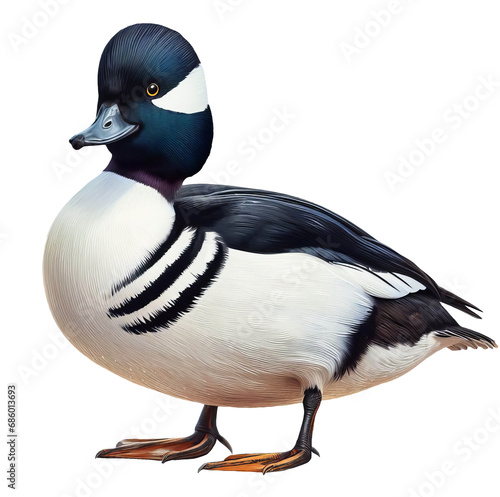 A Bufflehead Duck standing on a flat surface isolated on a transparent background