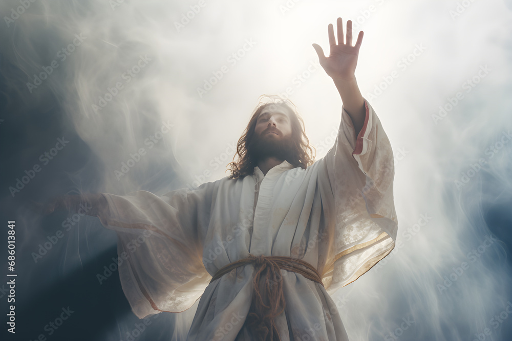 Jesus holds out his hand to calm the storm. Generative AI - obrazy, fototapety, plakaty 