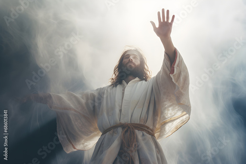 Jesus holds out his hand to calm the storm. Generative AI photo