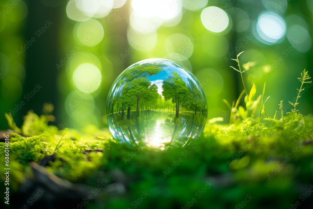 transparent ball with reflection of green trees in forest, sunlight, day of earth .