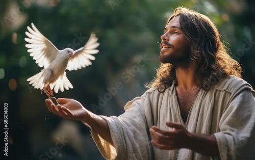 Jesus Christ with a dove. Jesus baptised concept. Generative AI photo