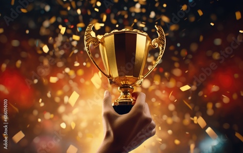 Hand holding gold trophy cu...