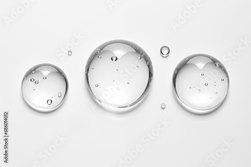 transparent drops collection colorless, different sizes, glycerin gel makeup with clear bubbles on white photo