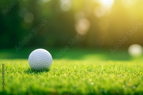 Golf ball white close-up lying on the green grass, blurred background