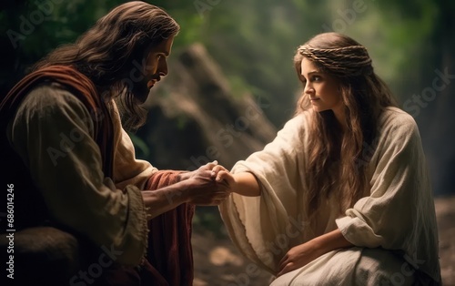 Jesus the Messiah speaking to the Samaritan woman giving hope for eternal life Generative AI