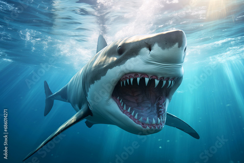 shark oceanic underwater with open mouth with teeth front view, attacker photo