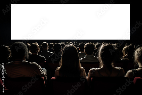 audience is sitting in dark cinema hall, back view, empty white widescreen screen, copy space
