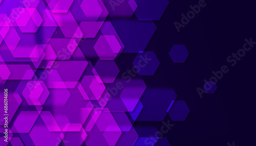 geometric hexagons shapes, gradients. overlapping hexagonal with shadows and glowing. dark blue background