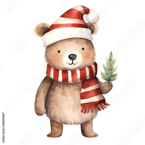 Watercolor teddy bear Christmas clipart. © KeroStocker