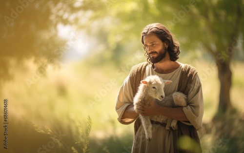 A bible jesus shepherd with his flock of sheep during sunset. Generative AI photo