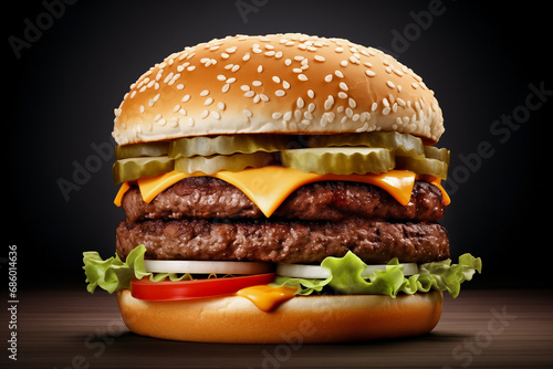 Double cheeseburger on wooden countertop on dark background