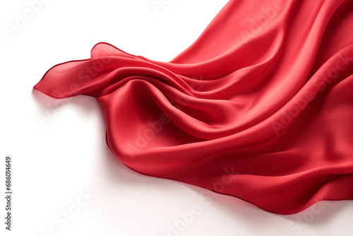 red silk fabric, satin cloth with folds, isolated on white background