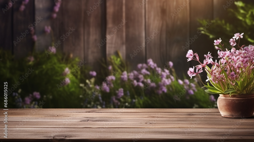 Empty rustic sakura cherry blossom lilac restaurant wooden table space platform with defocused blurry interior sunny weather autumn summer spring warm cozy house cottage core garden blooming sakura 