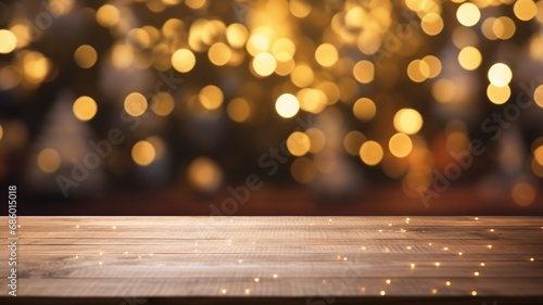 Empty wooden plank table top with festive fireworks  bokeh light background in the sky party holiday celebration.