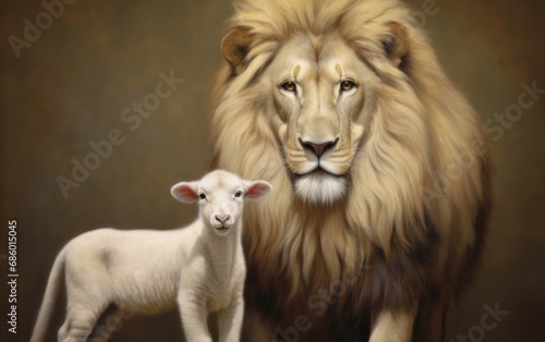 The Lion and the Lamb. Majestic Wildlife Together. Christian concept. Generative AI