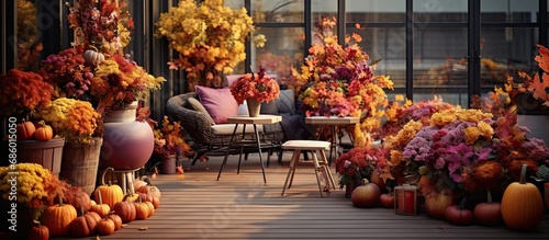 Stylish florist adorns terrace with ekibana for autumn celebration. photo