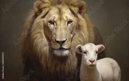 The Lion and the Lamb. Majestic Wildlife Together. Christian concept. Generative AI © sticker2you