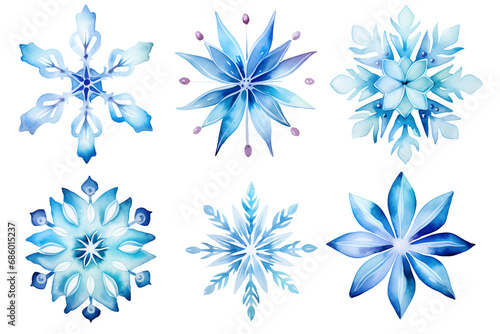 Watercolor soft crystal blue flower snowflake clipart element set photo