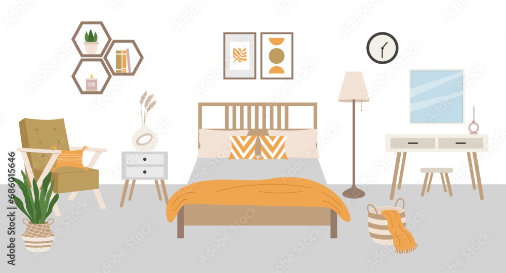 Fototapeta premium Modern cartoon bedroom interior in Scandinavian style. Vector illustration of bedroom furniture.