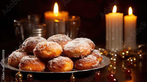 Sufganiyah - Traditional Hanukkah Donuts with Candles and Powdered Sugar
