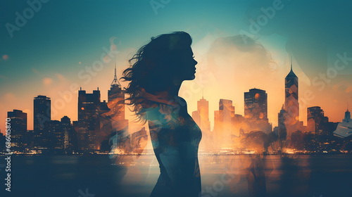 Double exposure of woman silhouette and modern city skylin. generative ai. photo