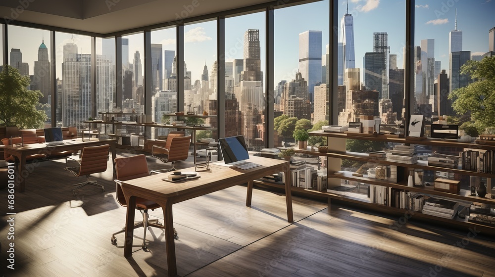 Sleek Glass Surface Laptop and Stationery on Modern Office Table with Panoramic Urban View