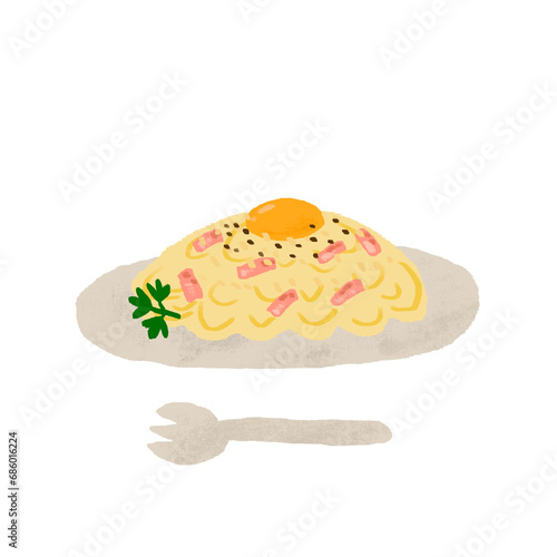 水彩手描き　カルボナーラパスタのイラスト