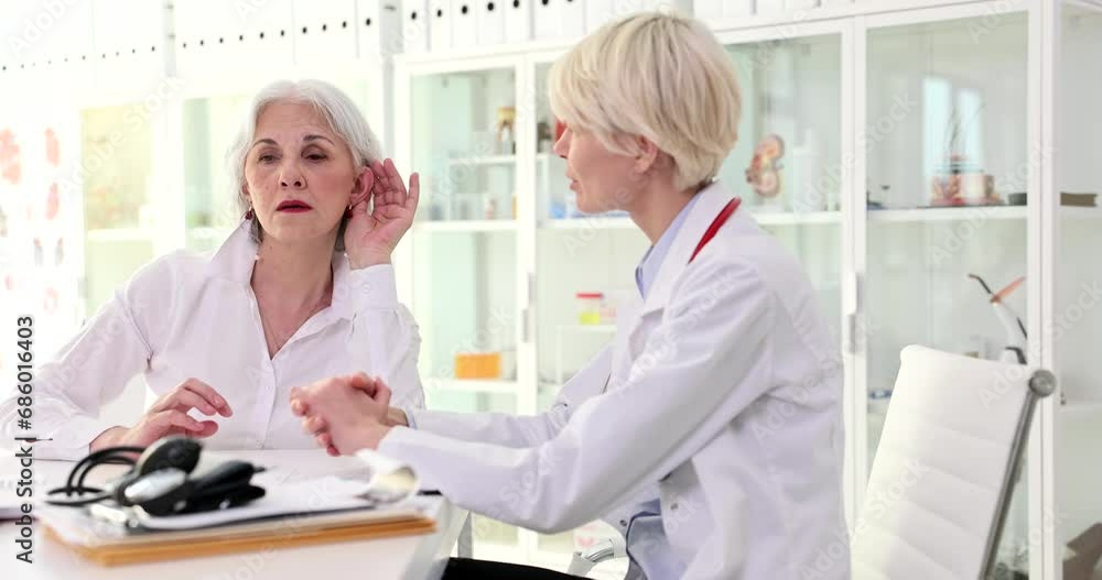 Doctor talking to elderly patient woman with poor hearing in clinic 4k movie slow motion. Hearing loss in older people concept Doctor talking to elderly patient woman with poor hearing in clinic 4k movie slow motion. Hearing loss in older people concept