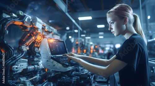 Factory Female Industrial Engineer working with automation robot arms machine in intelligent factory industrial on real time monitoring system software. generative ai.