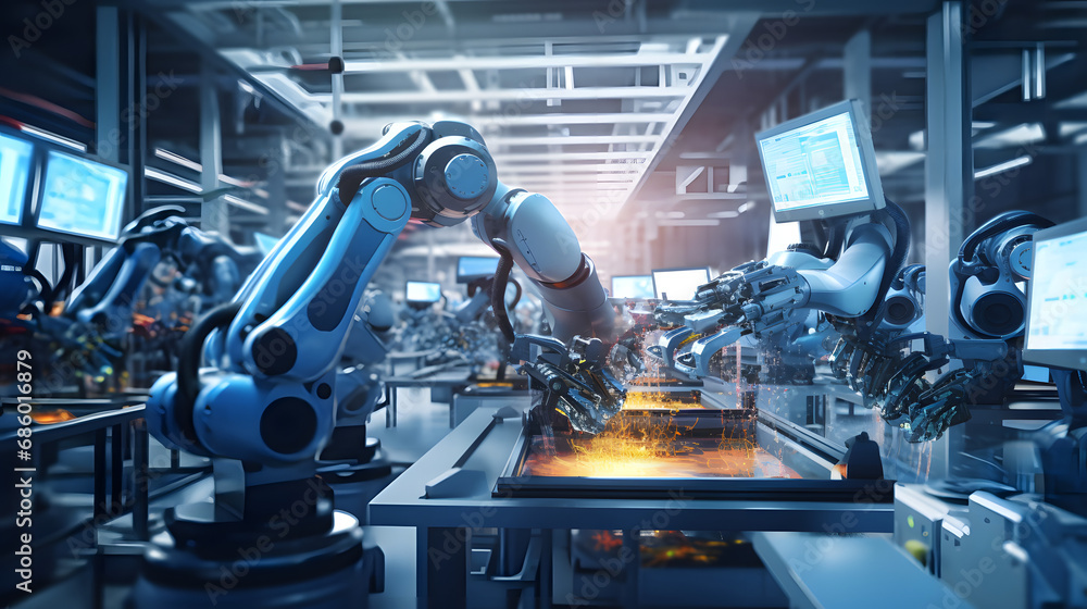 Factory Female Industrial Engineer working with automation robot arms machine in intelligent factory industrial on real time monitoring system software.Digital future manufacture. generative ai. Factory Female Industrial Engineer working with automation robot arms machine in intelligent factory industrial on real time monitoring system software.Digital future manufacture. generative ai.