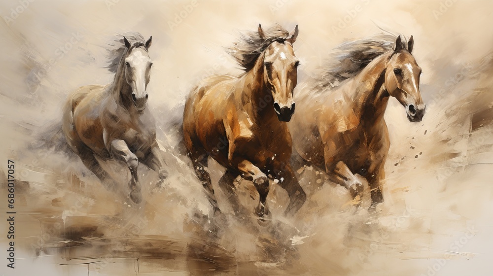 Abstract textured drawing horses in wildlife shaded oil painting