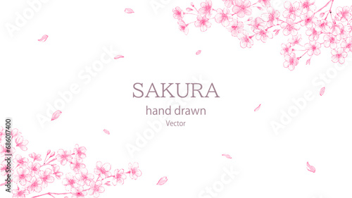 水彩で描いた桜のフレーム ピンク単色ベクターイラスト