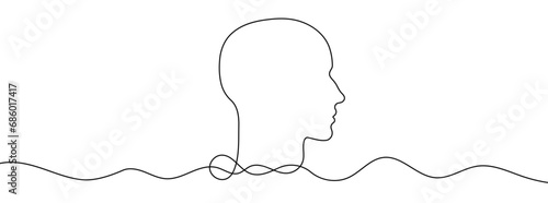 Continuous line drawing of a human head. One line drawing background.