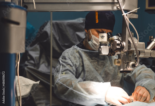 Focused veterinary ophthalmologist performs major surgery on an animal's eye in a veterinary clinic. Professional eye microsurgery for a pet. Concept of eye surgery on an animal.