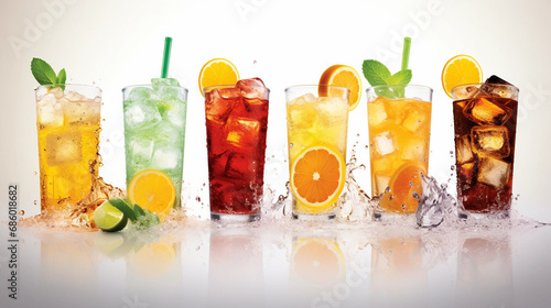 colorful  juices  with ice , straw orange slice and water splash