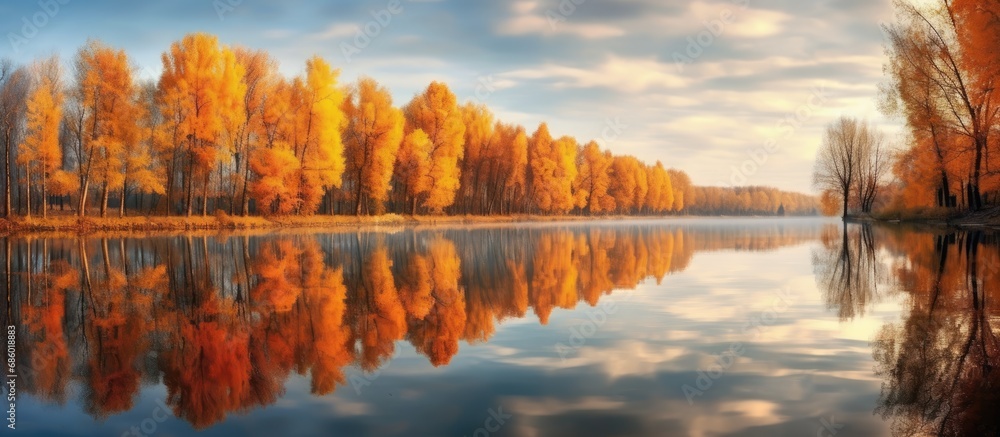 Obraz premium The colorful leaves of autumn paint a stunning landscape against the serene sky, reflecting on the calm waters of the lake, surrounded by the lush trees of nature.