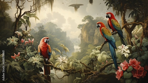 Fototapeta Naklejka Na Ścianę i Meble -  Wallpaper jungle and leaves tropical forest mural parrot and birds butterflies old drawing vintage background